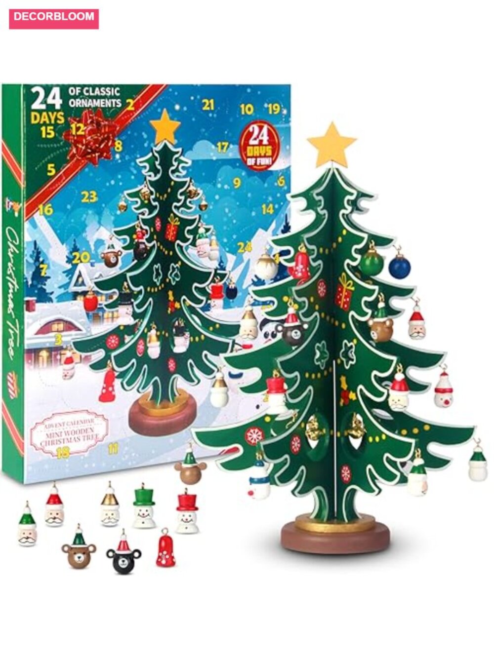 Wooden Tabletop Christmas Tree Advent Calendar 24 Ornaments Countdown